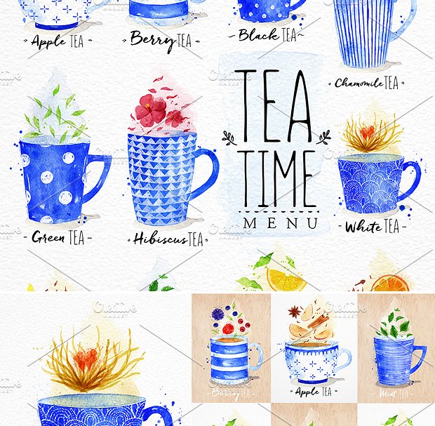 美丽如诗现代茶饮水彩菜单 Watercolor Tea Menu插图