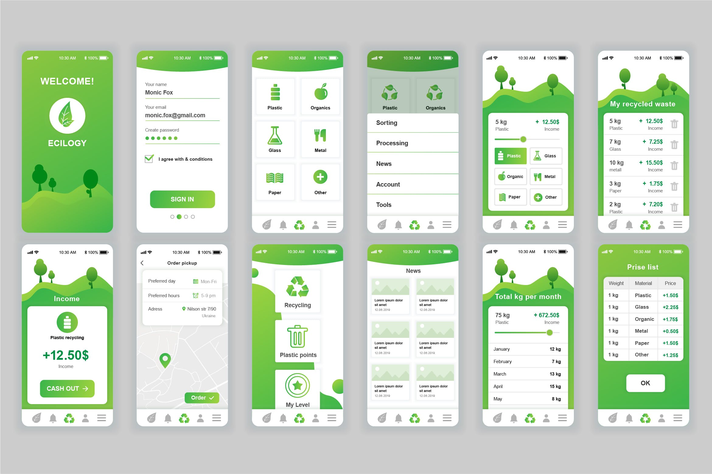 绿色能源垃圾分类回收APP用户交互界面设计UI套件 Ecology Mobile App UX and UI Kit插图
