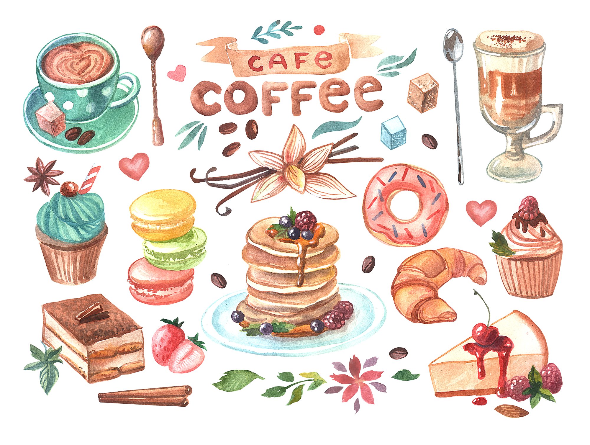 高质量的手绘水彩画咖啡&甜品图集下载[psd,png,jpg]插图(1)