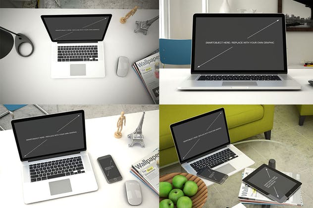 苹果笔记本电脑样机展示模板 Laptop Mockup – 7 Poses插图(1)