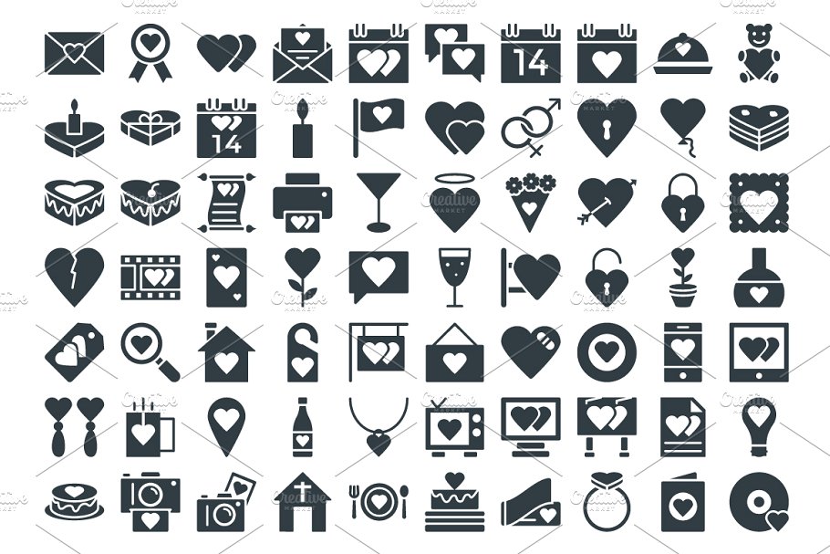 100+浪漫爱情元素矢量图标 100+ Love and Romance Vector Icons插图(1)