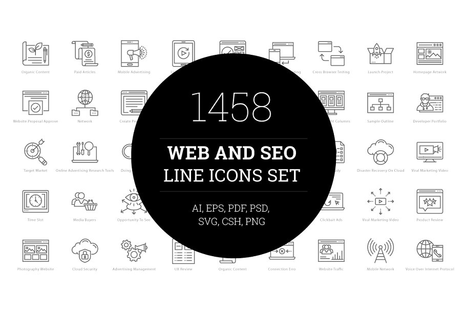 1458个Web&Seo网络营销主题线条图标 1458 Web and Seo Line Icons Set插图