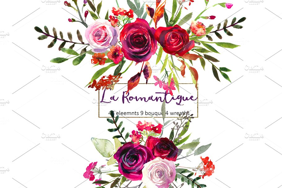 勃艮第红粉水彩花卉剪贴画 Burgundy Red Pink Flowers Clipart插图(11)