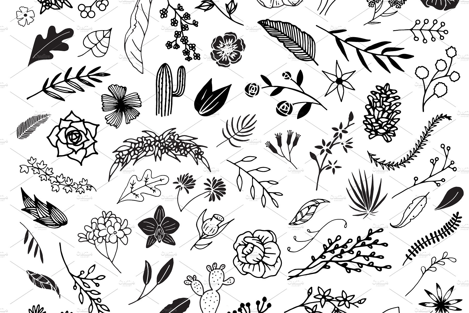 300幅手绘线条艺术风格花卉剪贴画 300 Hand Drawn Florals插图(4)