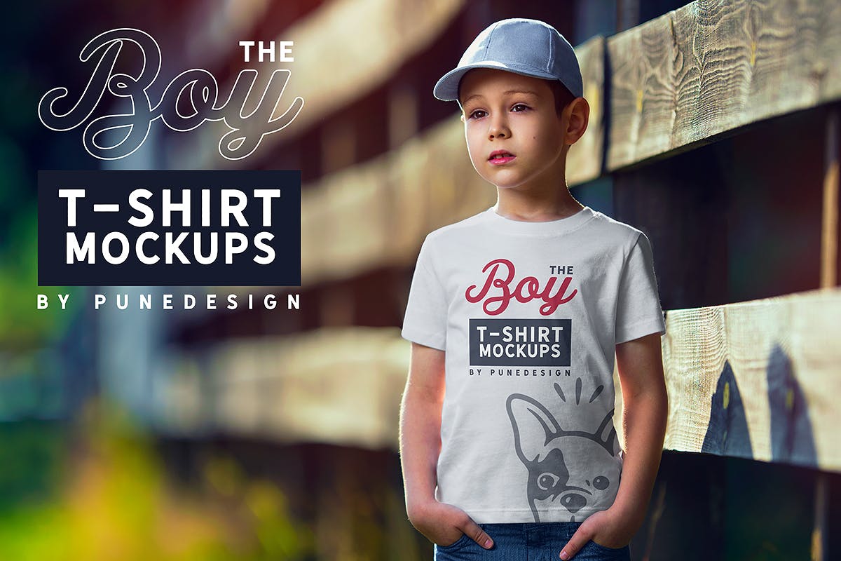 男童T恤胸前印花图案设计预览样机模板v1 Boy T-Shirt Mock-Up Set插图