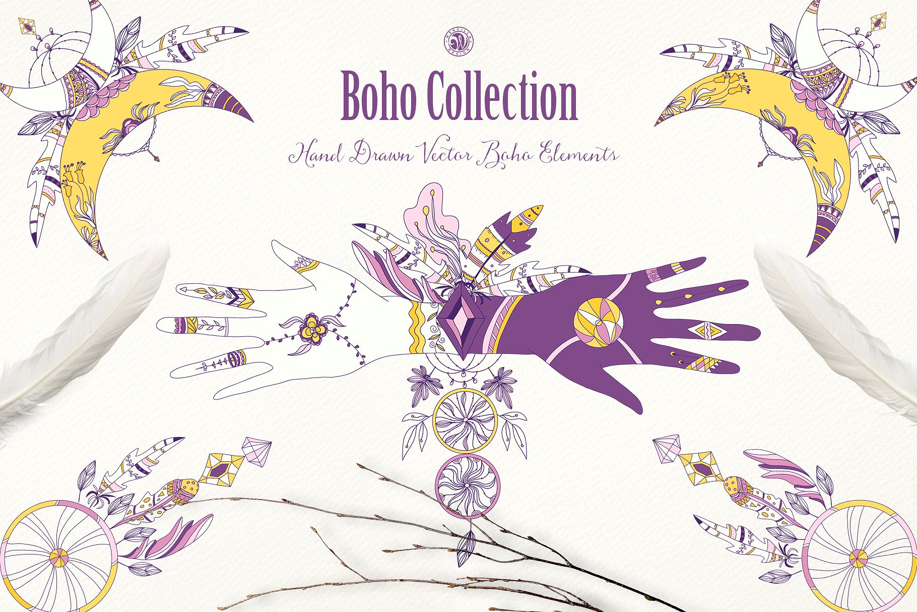 紫色波西米亚风系列水彩插画 Purple Boho Collection插图