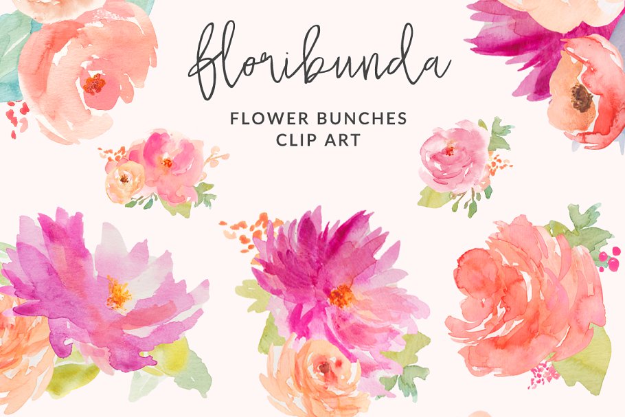 花束月季水彩花卉剪贴画 Floribunda Watercolor Flowers插图