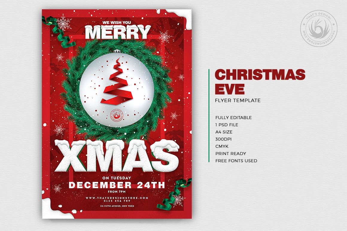 创意圣诞树平安夜活动海报传单模板v11 Christmas Eve Flyer Template V11插图(1)