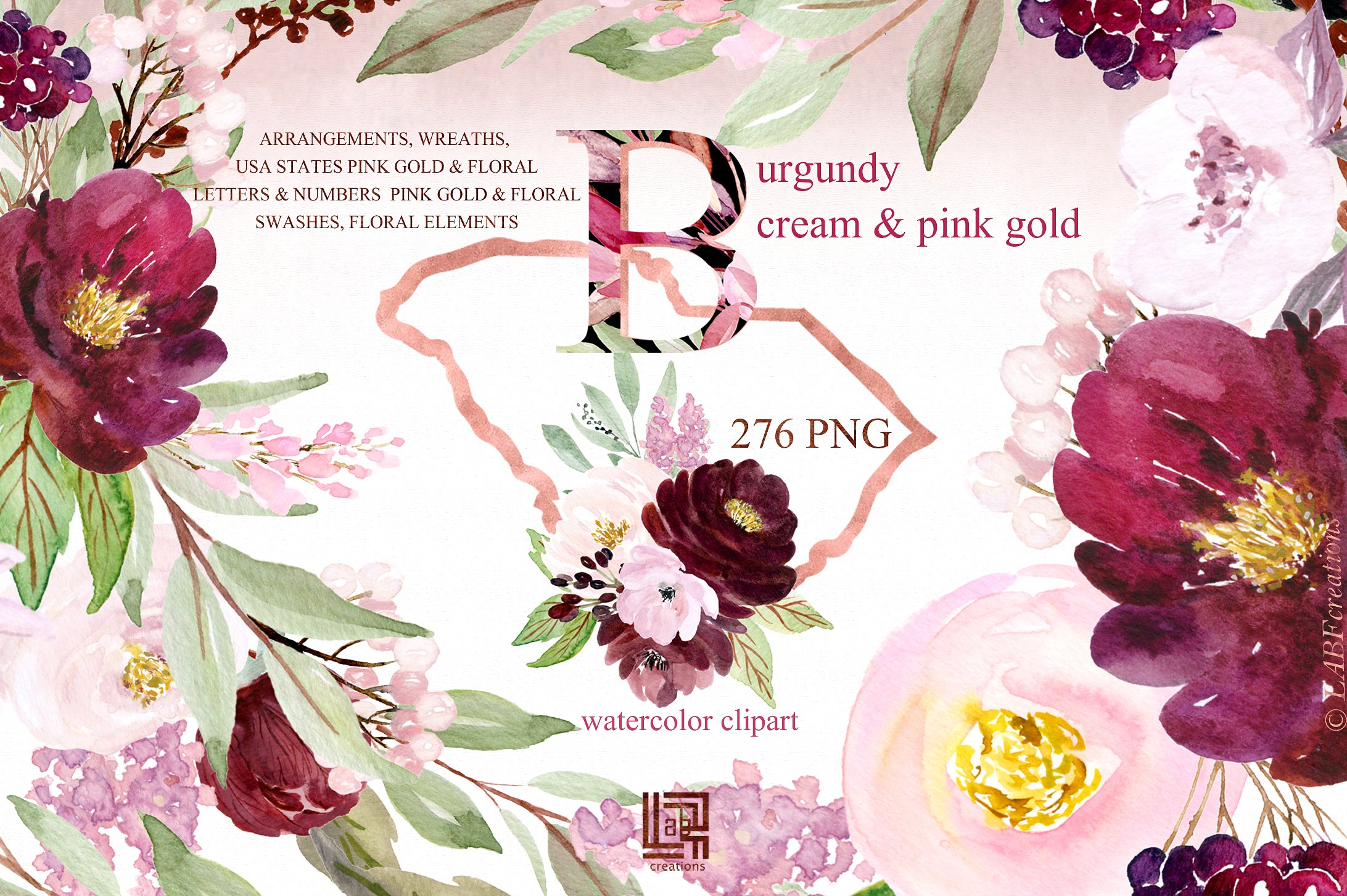 勃艮第奶油和金粉色水彩花卉剪贴画 Burgundy cream  & gold pink flowers插图(3)
