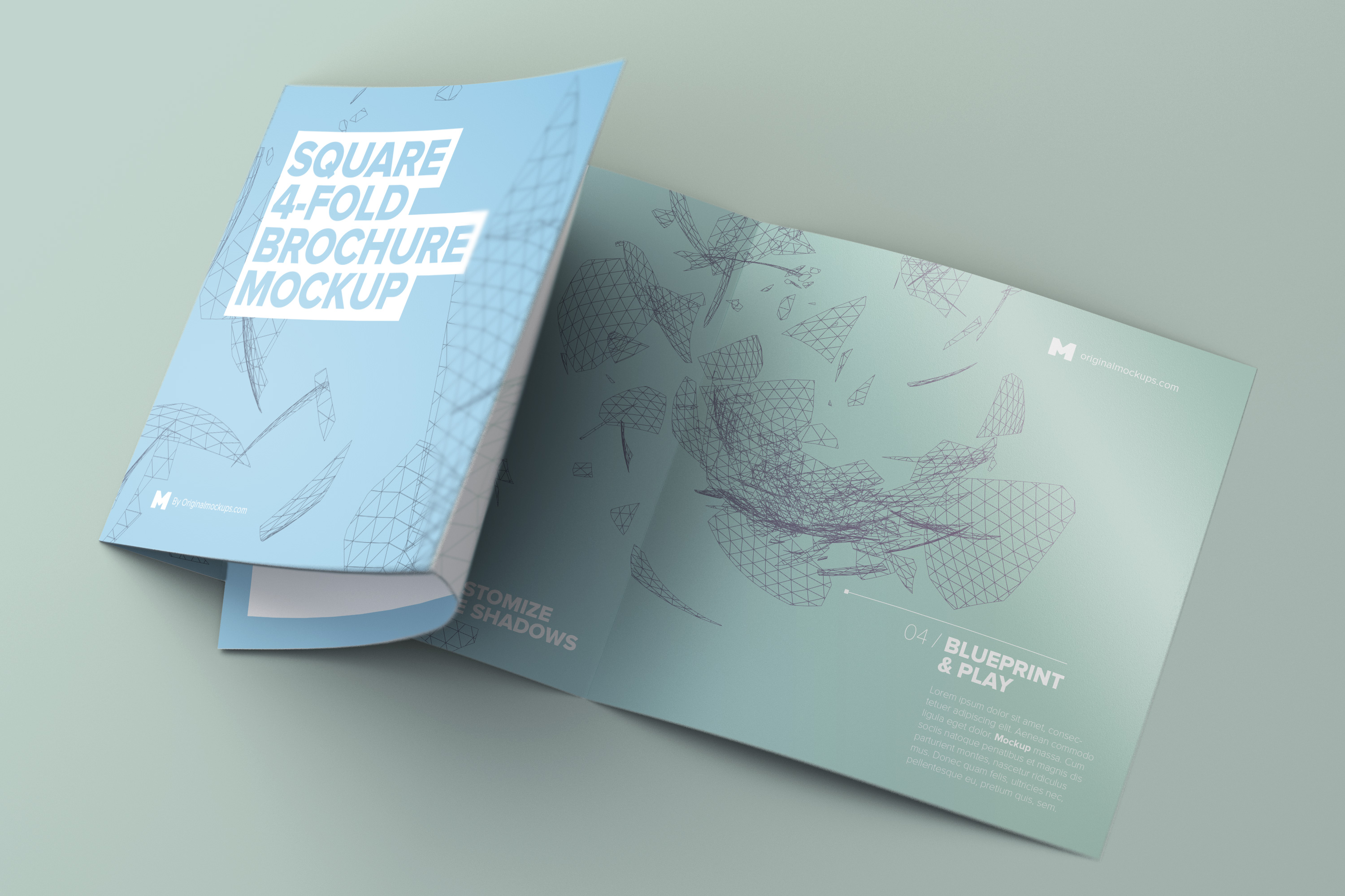 展开方形四折页小册子/传单设计展开效果样机 Unfolding Square 4-Fold Brochure Mockup插图(1)