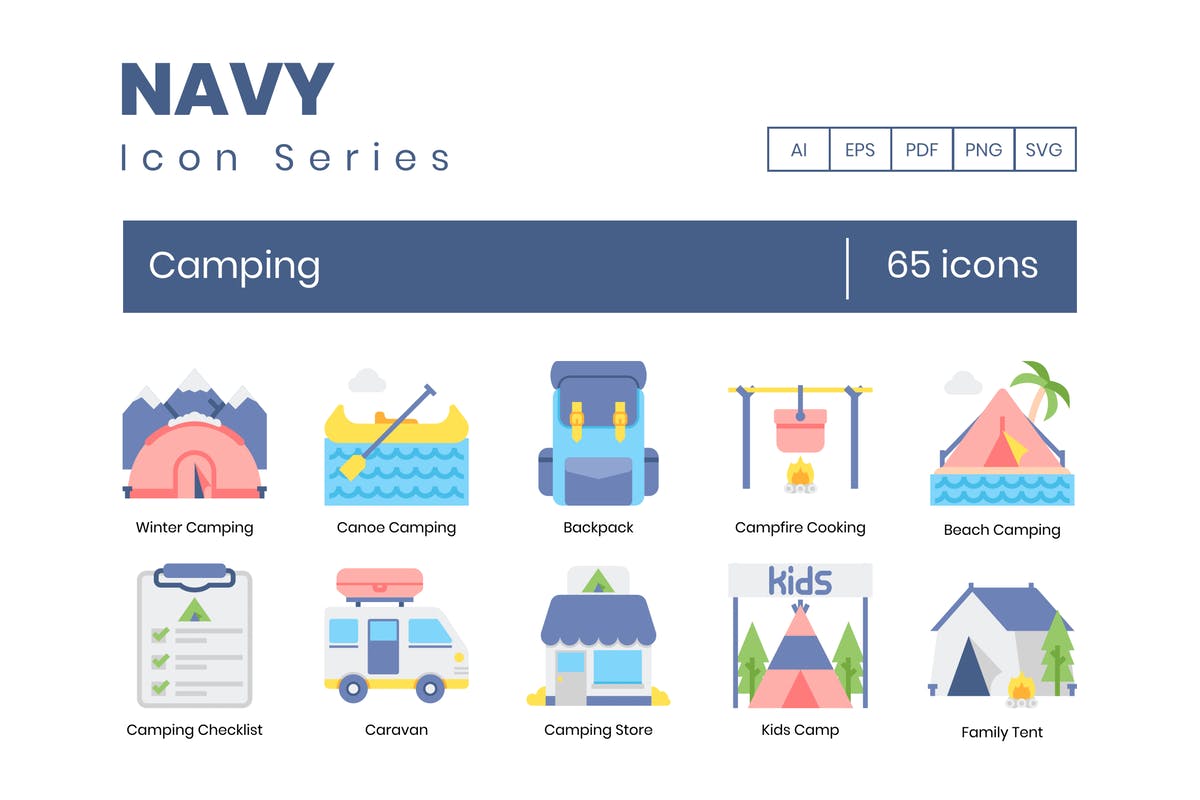 65枚户外露营旅行主题海军蓝图标素材 65 Camping Icons | Navy Series插图