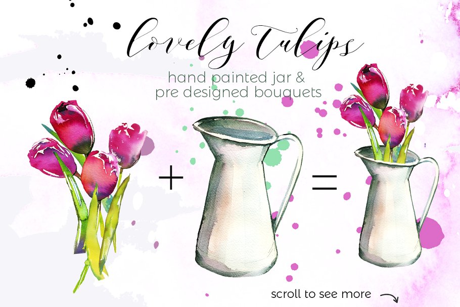 粉红郁金香水彩花卉套装 Pink Tulips Watercolor Floral Set插图(3)