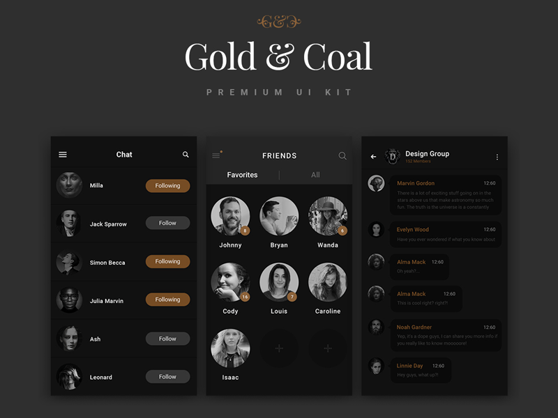 即时聊天工具应用界面 UI 套件 Chat & Messages – Gold & Coal UI Kit插图