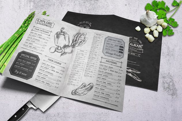 复古素描设计风格双折页餐厅菜单模板设计 Sketch Bifold Menu – A4 and US Letter插图(1)