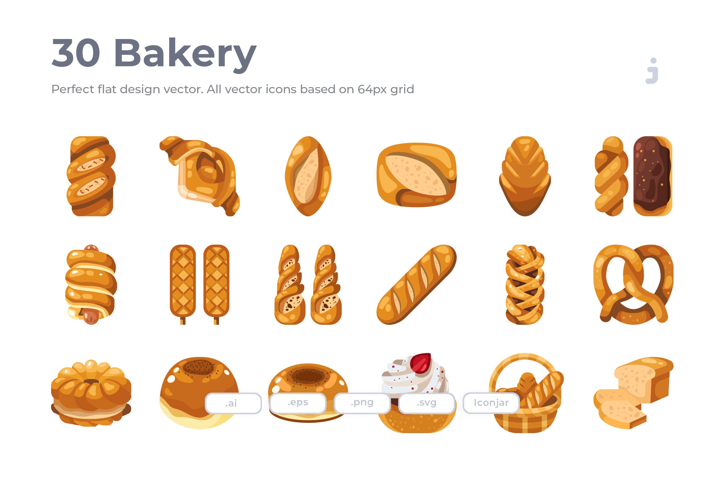 30枚烘焙&面包扁平化图标 30 Bakery Icons – Flat插图