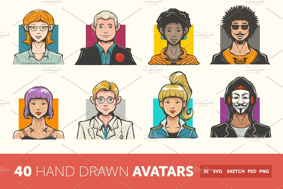 40枚手绘头像图标 Hand Drawn Avatar Icons插图