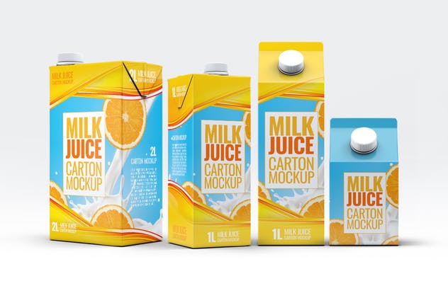 4种牛奶/果汁盒包装设计样机套装 4 Types Milk / Juice Cartons Bundle Mock-Up插图(1)