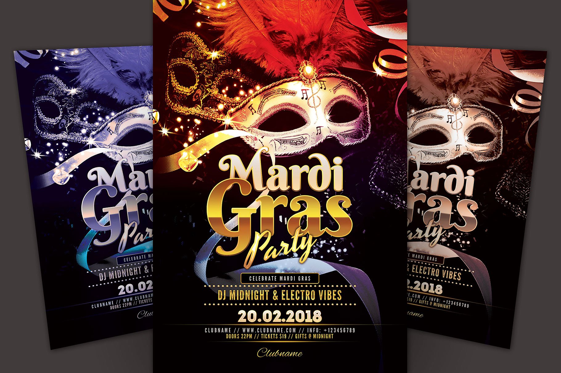 狂欢节派对活动宣传海报设计模板 Mardi Gras Party Flyer Template插图