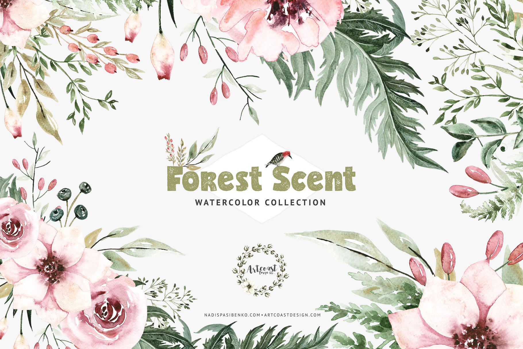 森林的气息水彩剪贴画元素 Watercolor Forest Scent插图