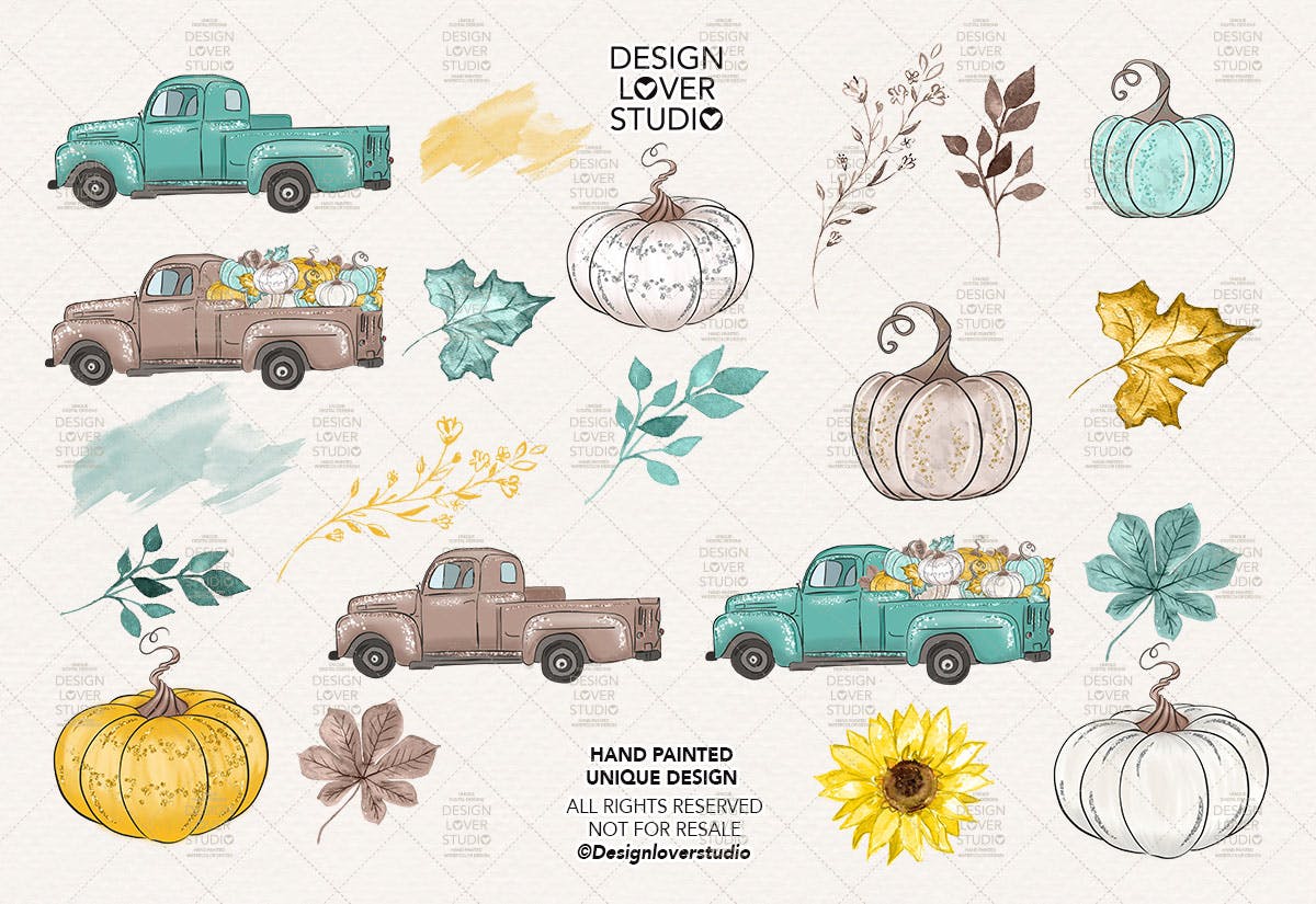 感恩节主题风格南瓜卡车手绘图案背景素材 Thanksgiving car design插图(4)