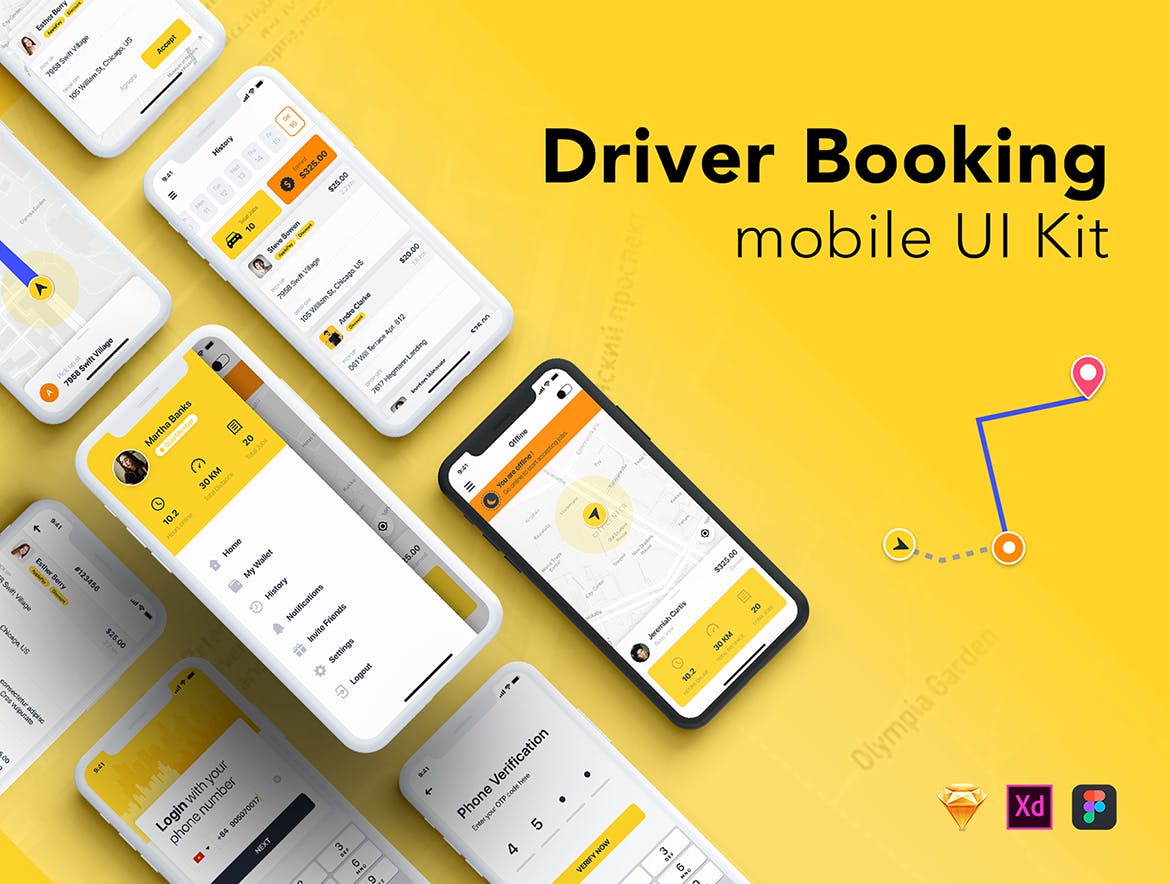 出租车/网约车/顺风车APP应用UI设计套件FIGMA模板 Taxi Driver Booking UI Kit for FIGMA插图(1)