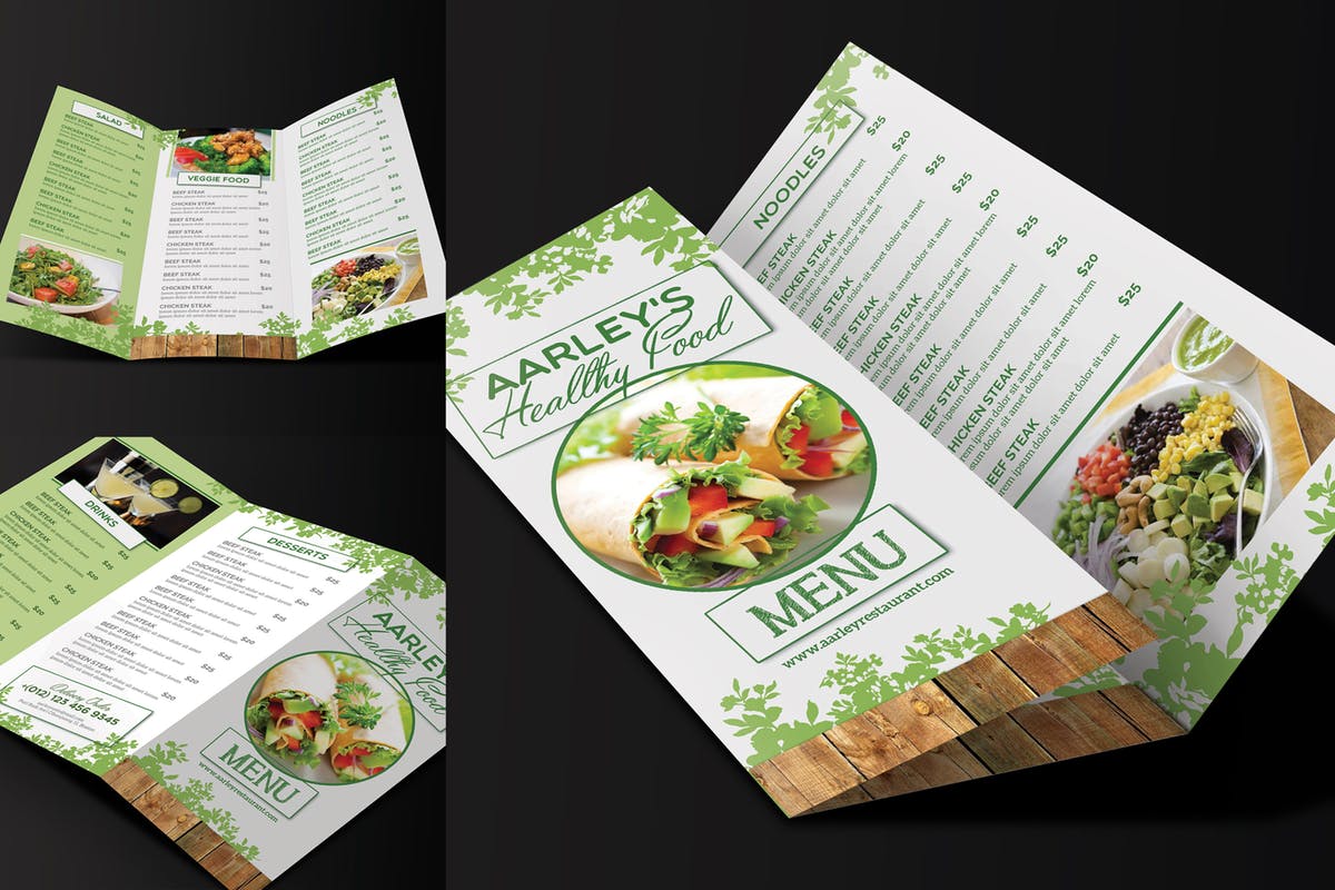 西式健康食物素食菜单菜谱设计PSD模板v2 Healthy Food Menu Trifold插图