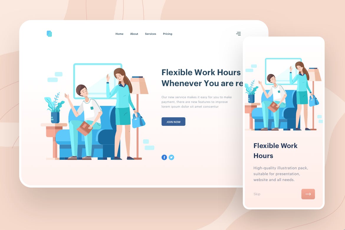 弹性工作时间主题APP&Web矢量插画 Flexible Work Hours Illustration – Website Header插图(1)