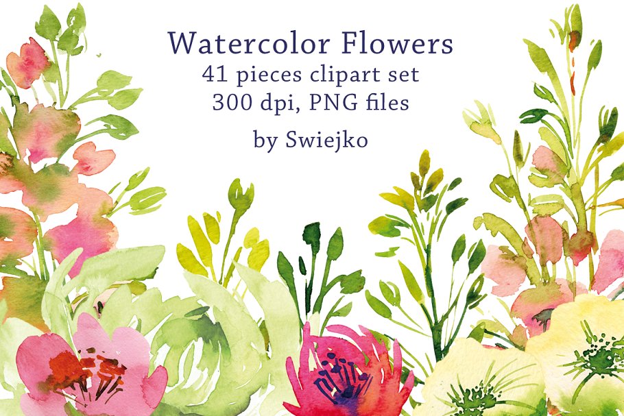手工浪漫彩绘花园植物剪贴画 Watercolor Garden Flowers插图
