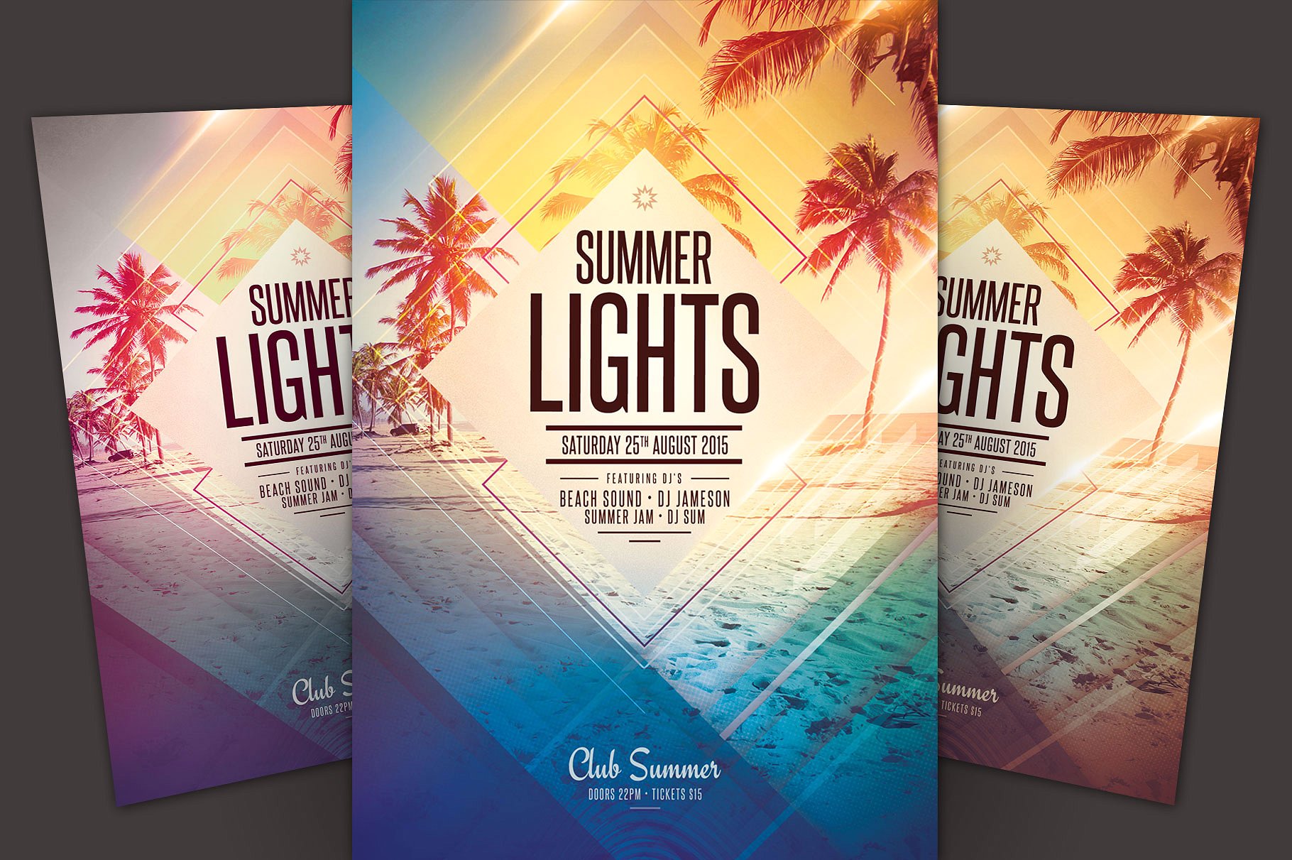 夏日沙滩背景传单海报模板 Summer Lights Flyer Template插图