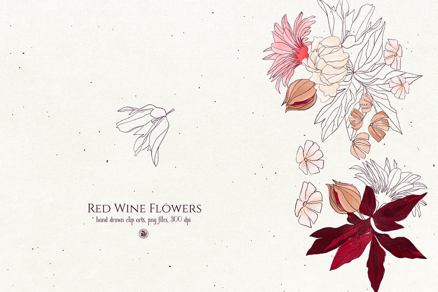 酒红色水彩手绘花卉PNG素材 Red Wine Flowers插图(2)