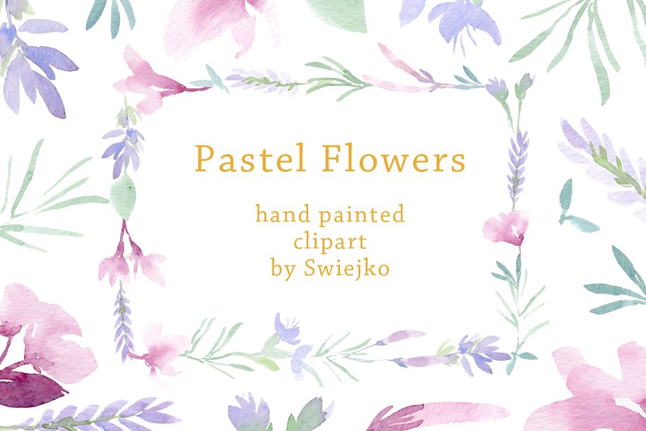 美丽浪漫的粉笔彩绘花卉树叶元素 Pastel Floral Set插图