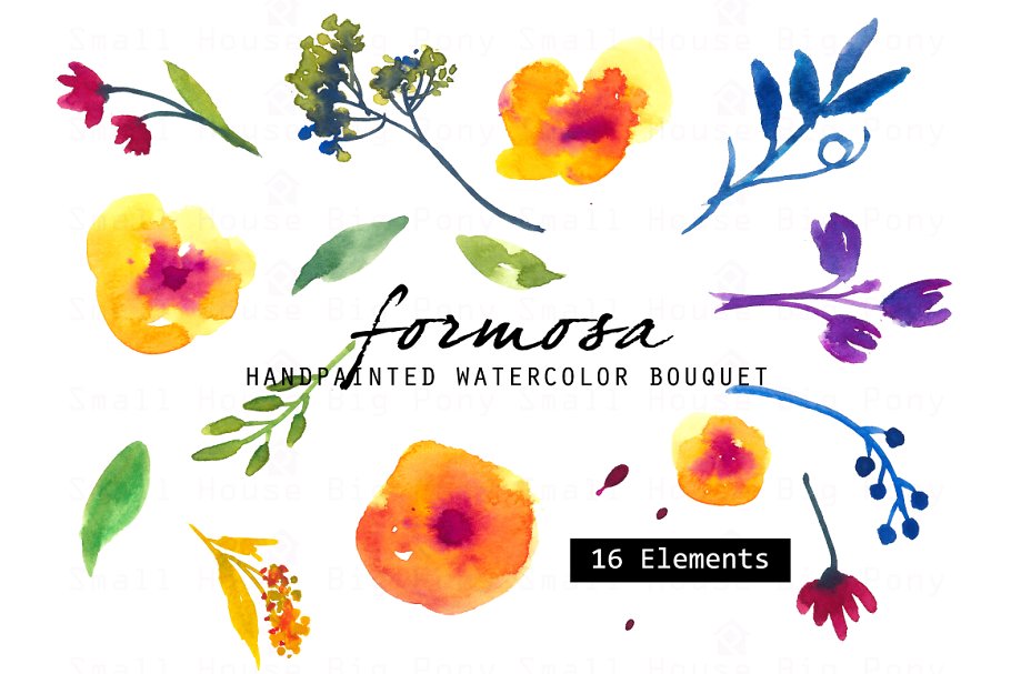 手绘夏日黄色水彩花卉插画素材 Formosa – Watercolor Clip Art Set插图(1)