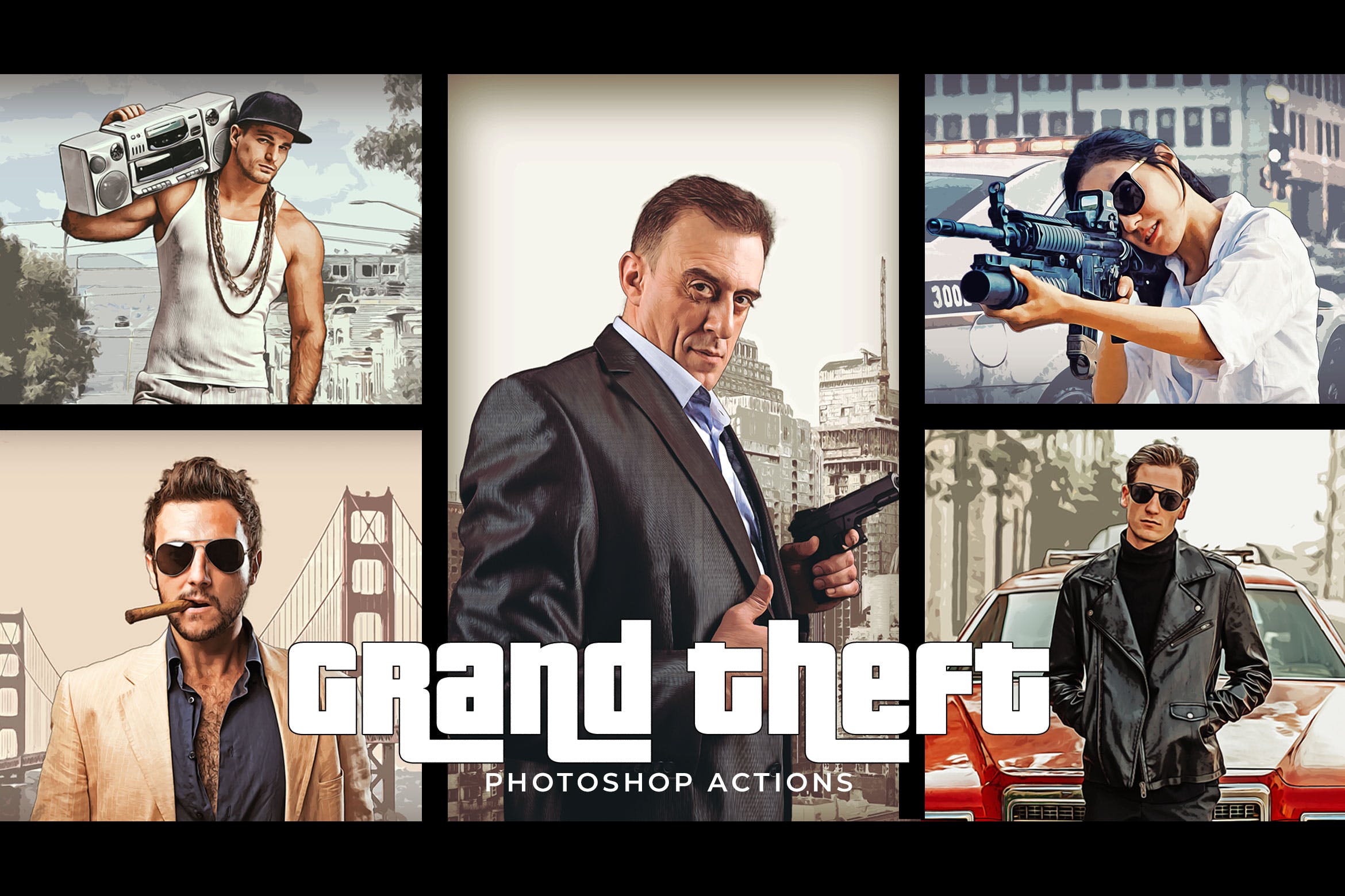 GTA游戏艺术风格图片特效PS动作 Grand Theft Photoshop Actions插图