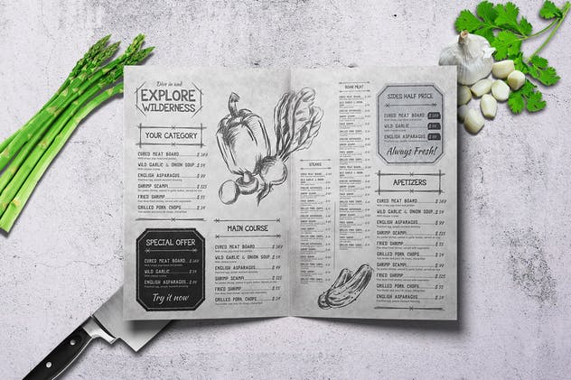 复古素描设计风格双折页餐厅菜单模板设计 Sketch Bifold Menu – A4 and US Letter插图(2)