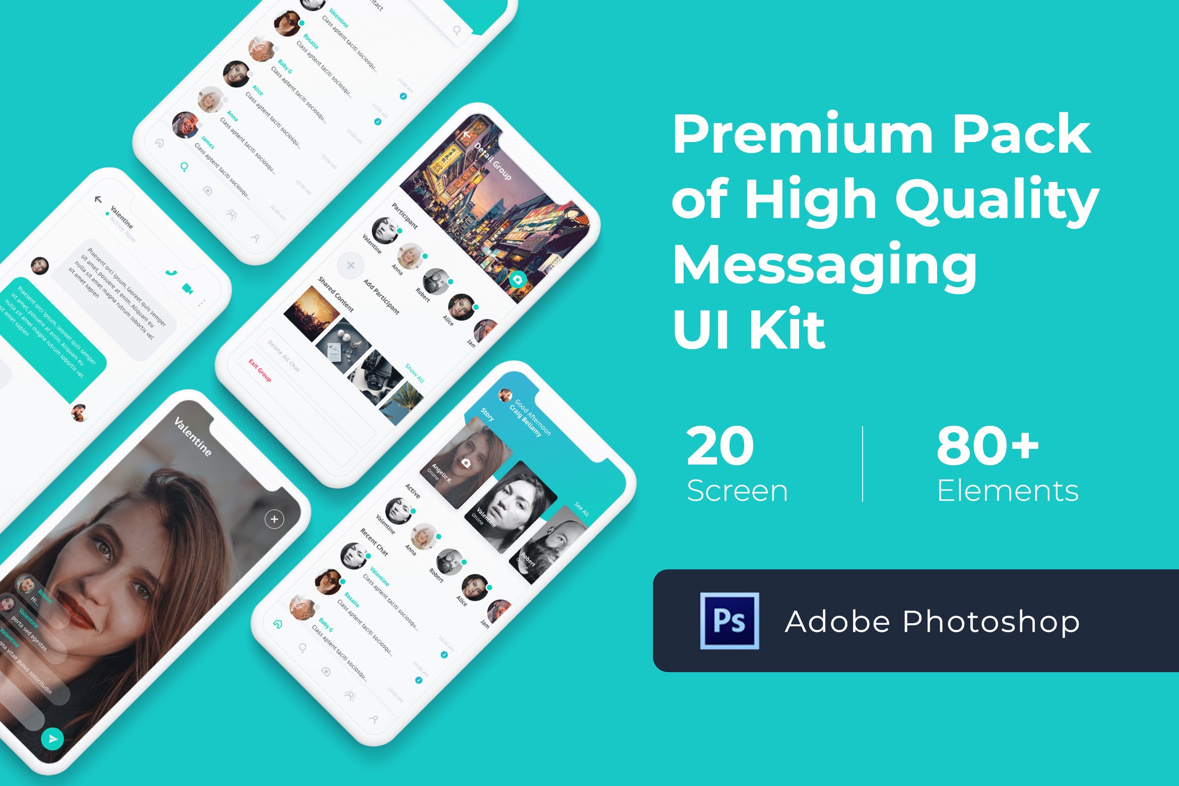 即时聊天工具社交APP应用UI套件PSD模板 Messaging Mobile UI KIT for Photoshop插图