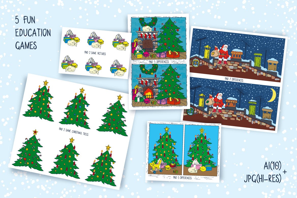 儿童风格圣诞主题矢量手绘设计素材 Christmas Games for Children插图(3)