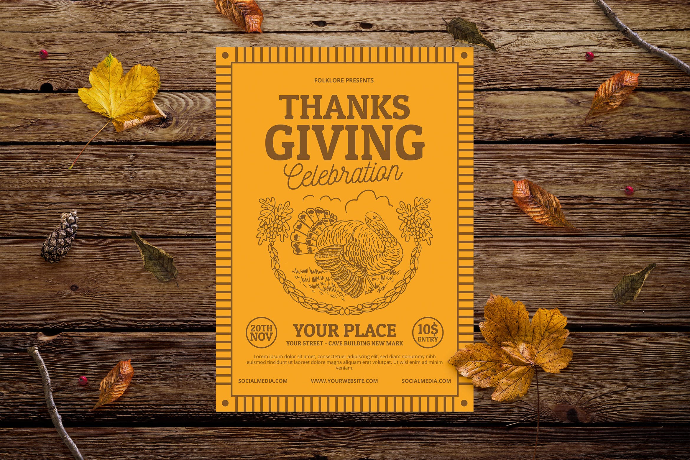 复古设计风格感恩节活动邀请海报设计模板 Vintage Thanksgiving Invitation插图