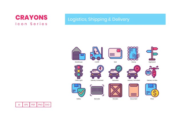65枚蜡笔手绘物流与航运主题图标 65 Logistics & Shipping Icons | Crayons Series插图(4)