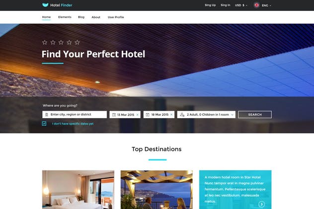 酒店在线预订网站PSD设计模板 Hotel Finder – Online Booking PSD Template插图(1)