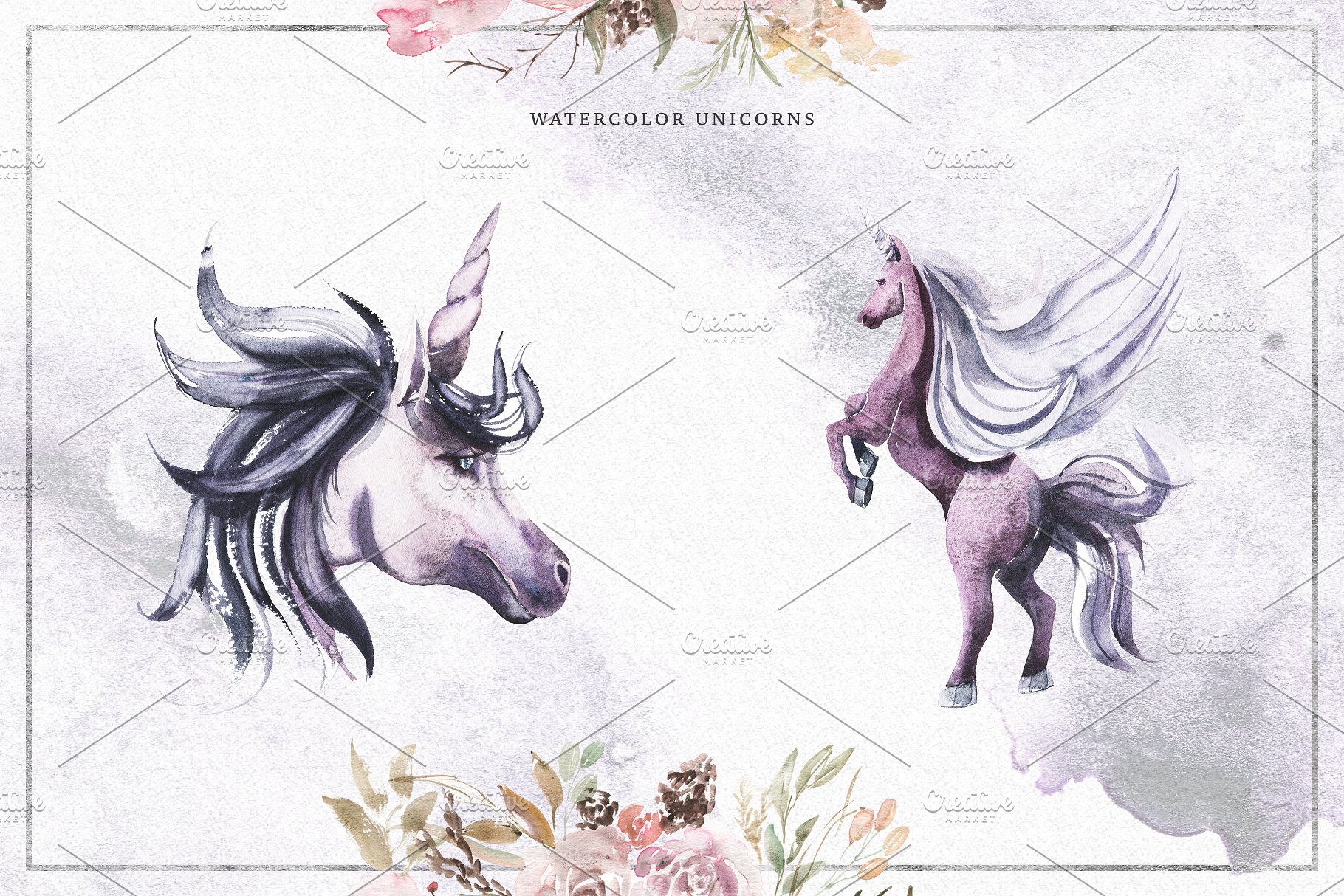 紫罗兰花束与独角兽水彩剪贴画 Violet Bouquets & Unicorns插图(1)