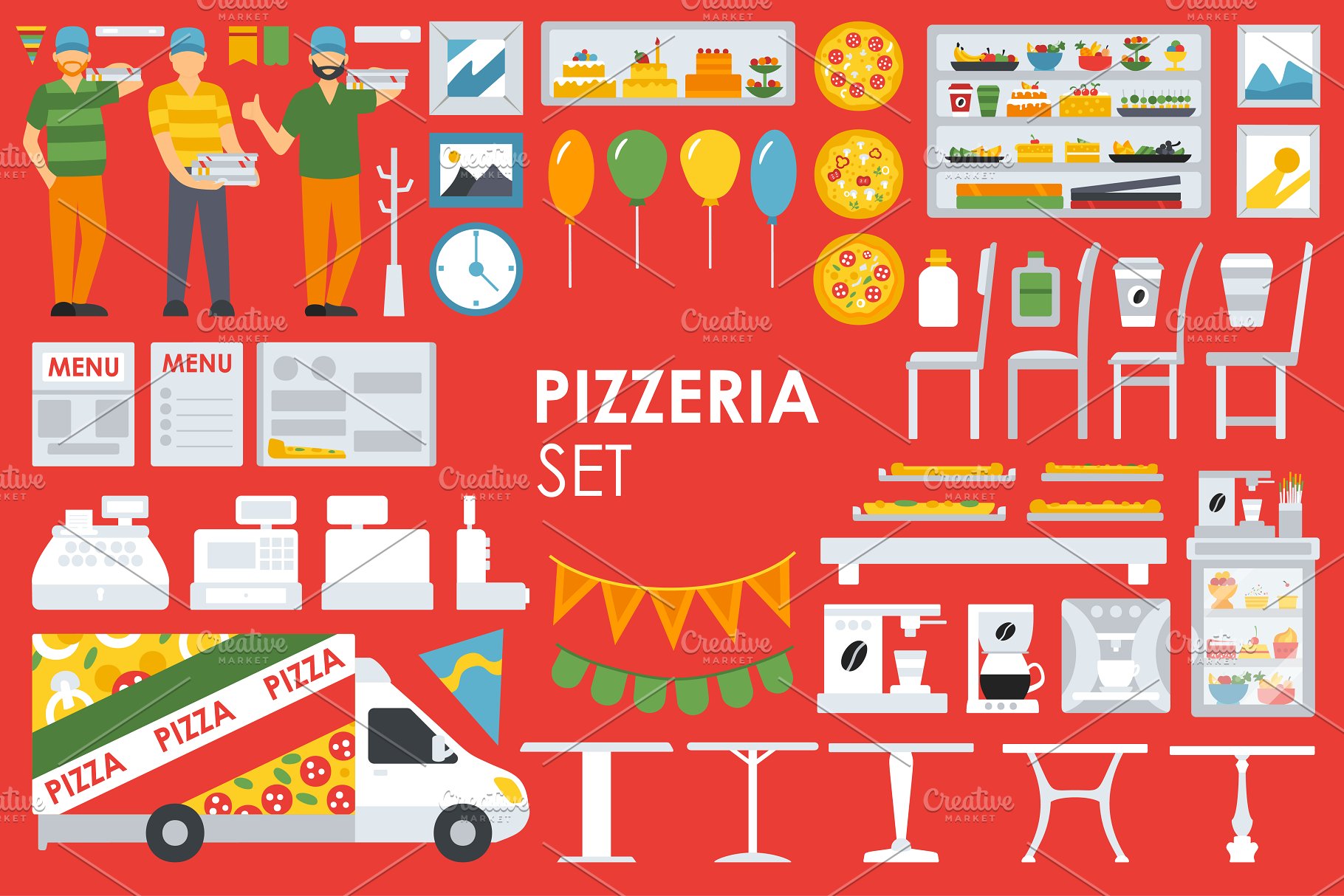 披萨店扁平设计风格设计元素 Pizzeria Flat Objects 9 collections插图(5)