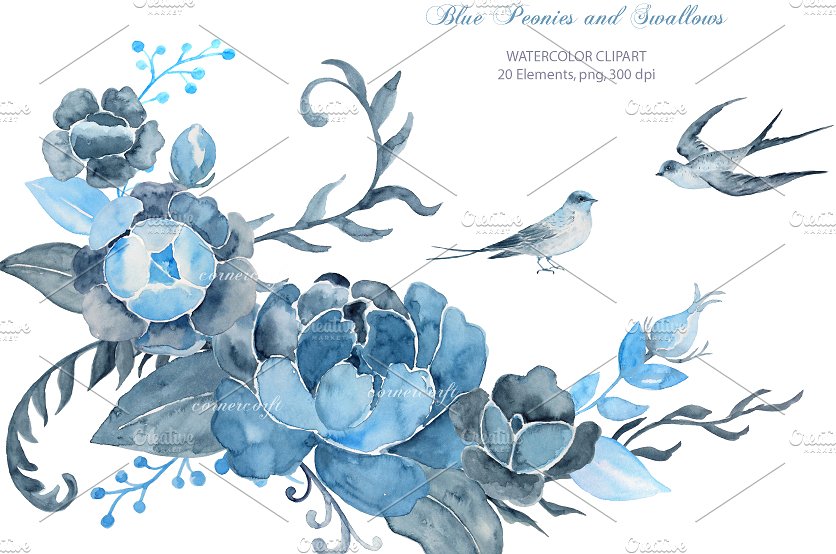 中国风艺术花卉水彩装饰剪贴画 Wedding Clipart Blue Peony Swallows插图