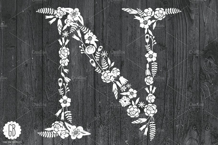 花体英文字母插画素材 Floral letters, rustic, white BNF插图(1)