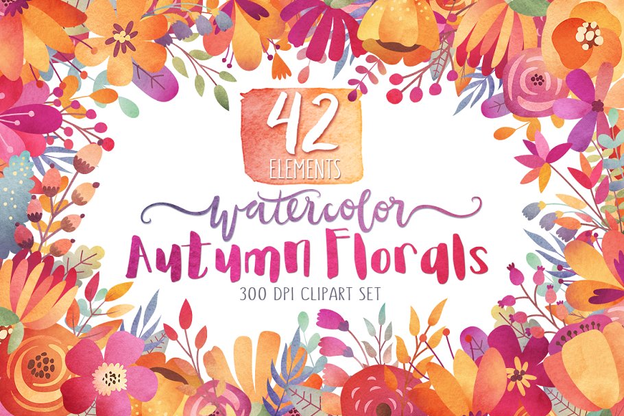秋季色彩主题花卉设计剪贴画合集 Watercolor Autumn Florals Clipart插图