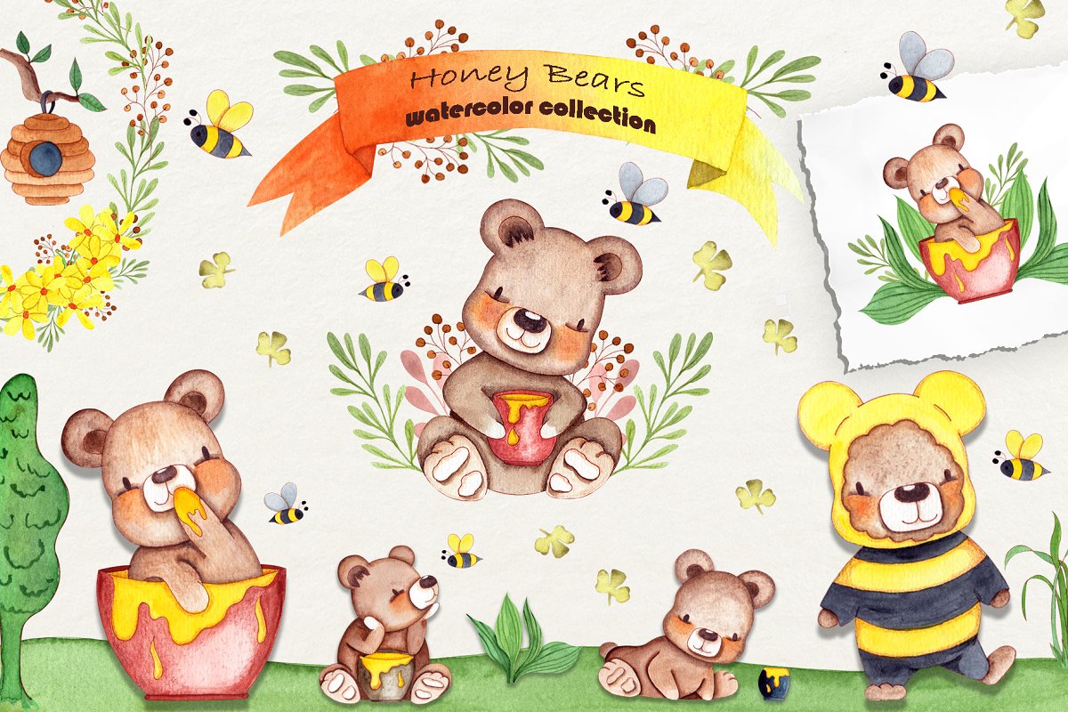 可爱的蜜蜂&熊水彩插画合集插图(7)