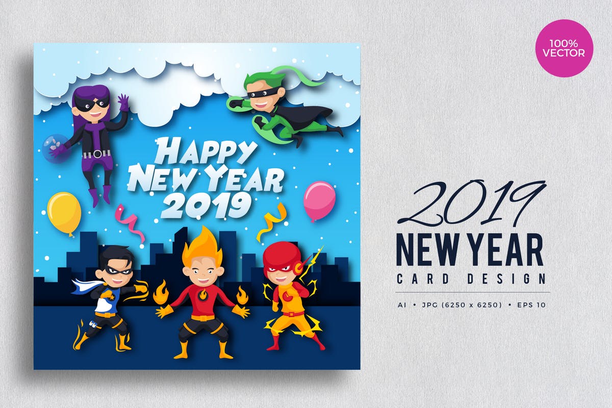 儿童超级英雄2019年新年贺卡矢量设计模板 Children Superhero Happy New Year 2019 Vector Card插图