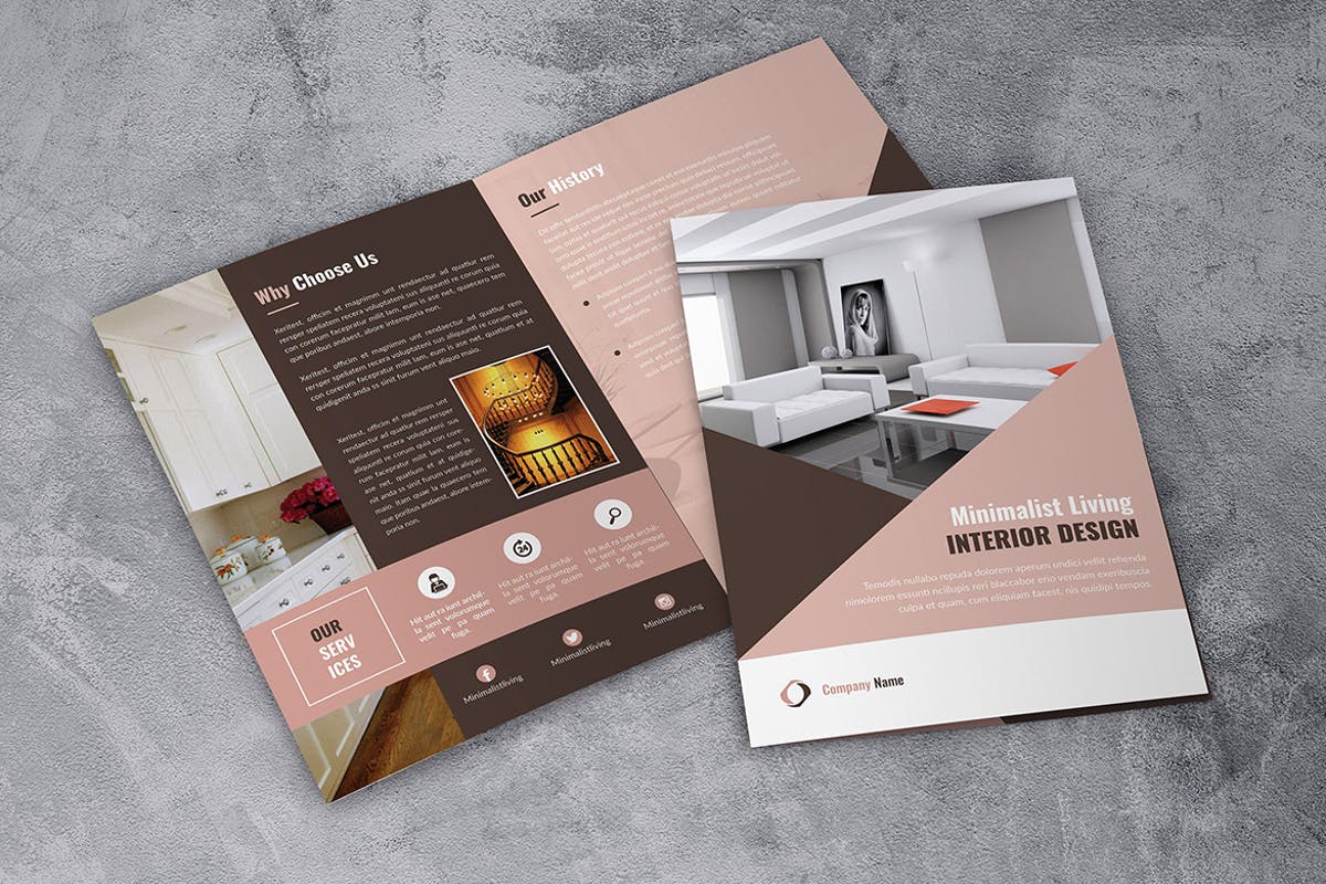 室内设计双折页广告手册设计模板 Interior Design Bifold Brochure插图