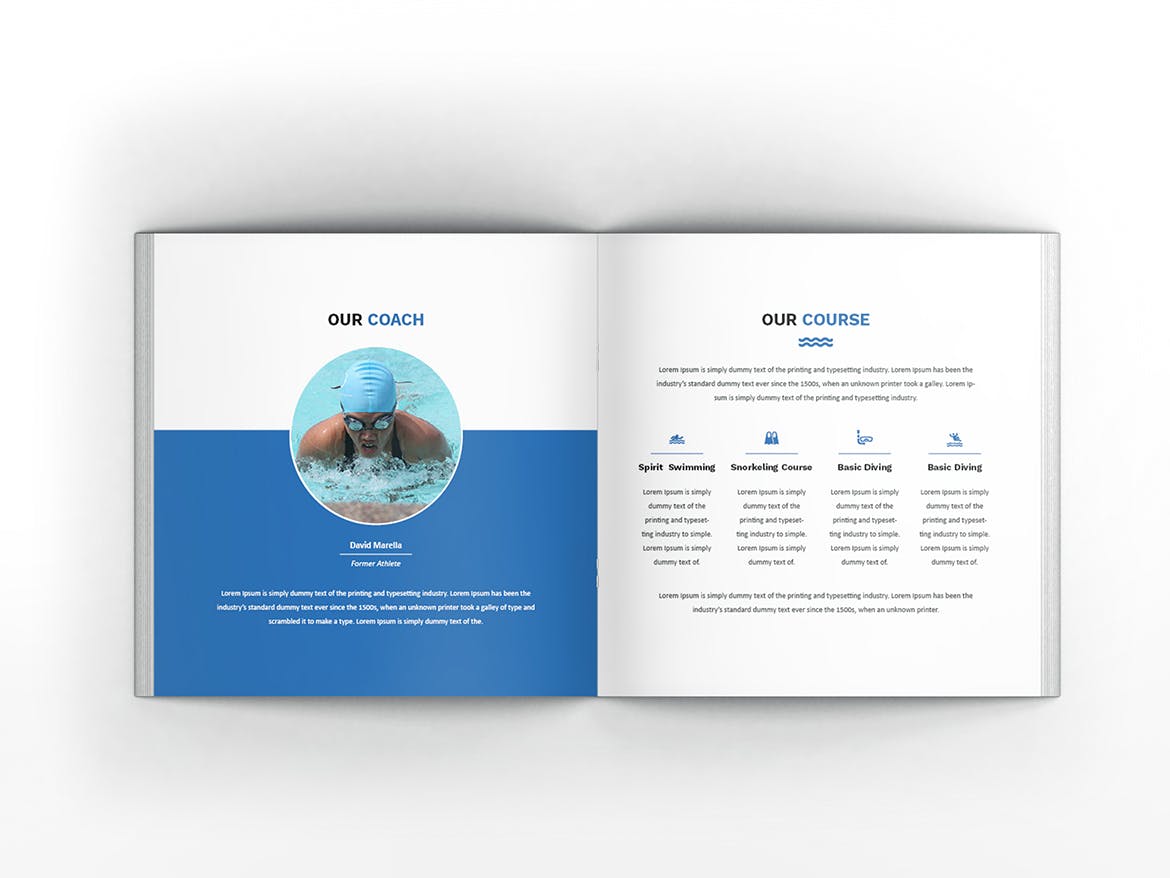 游泳培训课程方形宣传画册设计模板 Swimming Square Brochure Template插图(9)