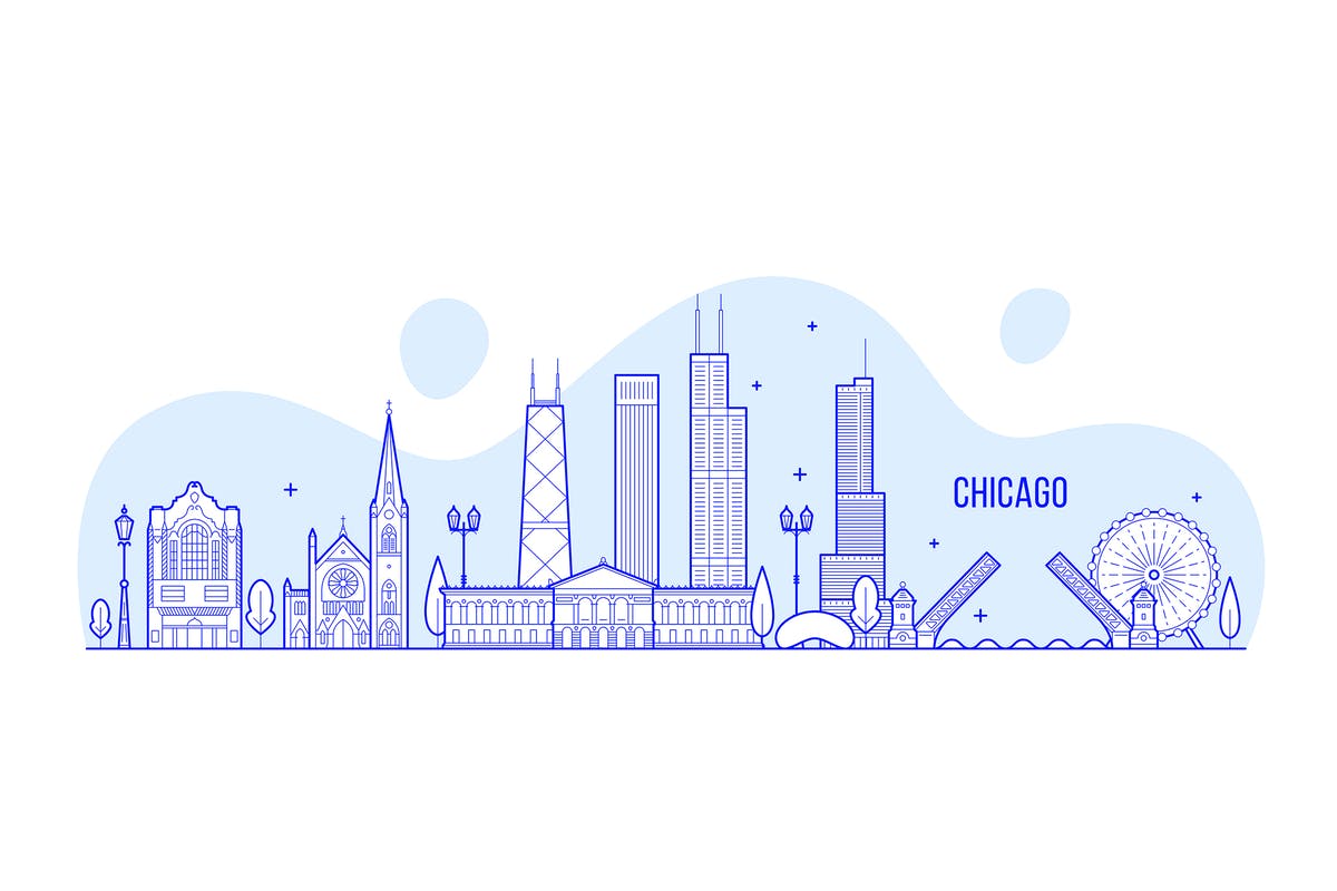 美国芝加哥城市天际线矢量插画 Chicago skyline, USA[AI, PNG, JPG]插图