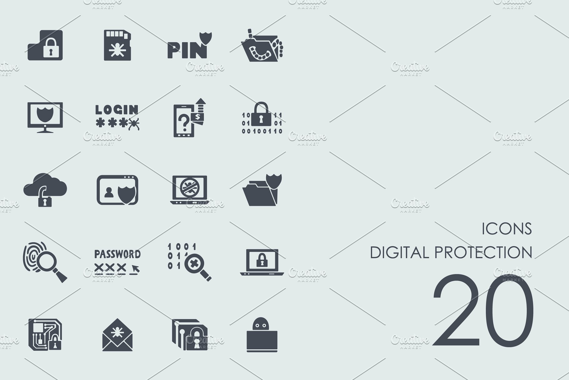 信息数据保护主题简笔画图标合集 Digital protection icons插图